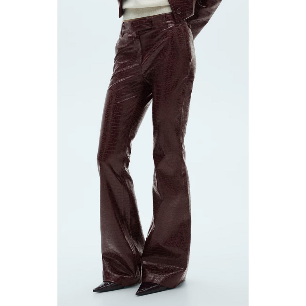 NEW MANGO MNG BURGUNDY DORIS SNAKE EFFECT SNAKESKIN FLARED TROUSERS PANTS SZ 6